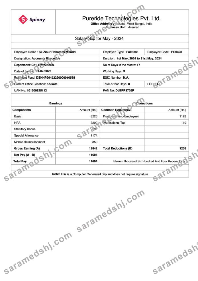 Pureride Technologies salary slip template in Word and PDF formats.pdf, 1